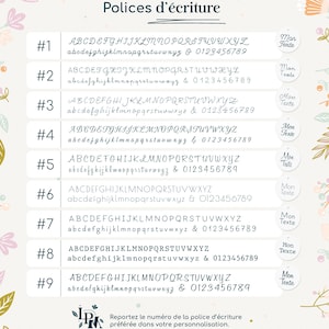 Pu&ograve; includere: Nove diversi stili di font sono mostrati con lettere maiuscole e minuscole, numeri e ampersand. Il testo "Mon Texte" appare accanto a ogni stile di font.