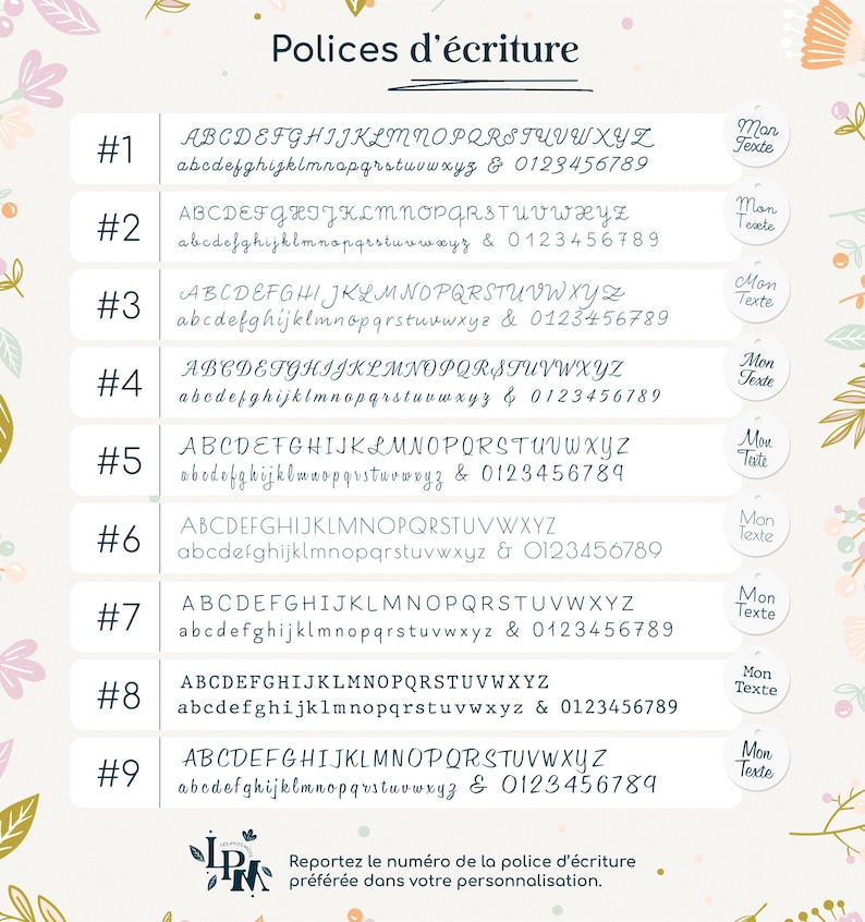 Pu&ograve; includere: Nove diversi stili di font sono mostrati con lettere maiuscole e minuscole, numeri e ampersand. Il testo "Mon Texte" appare accanto a ogni stile di font.