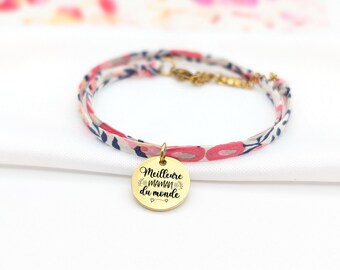 Bracelet personnalisé Meilleure Maman du monde, bracelet cordon liberty, Cadeau Maman, Bracelet maman personnalisé, Cadeau fête des mères