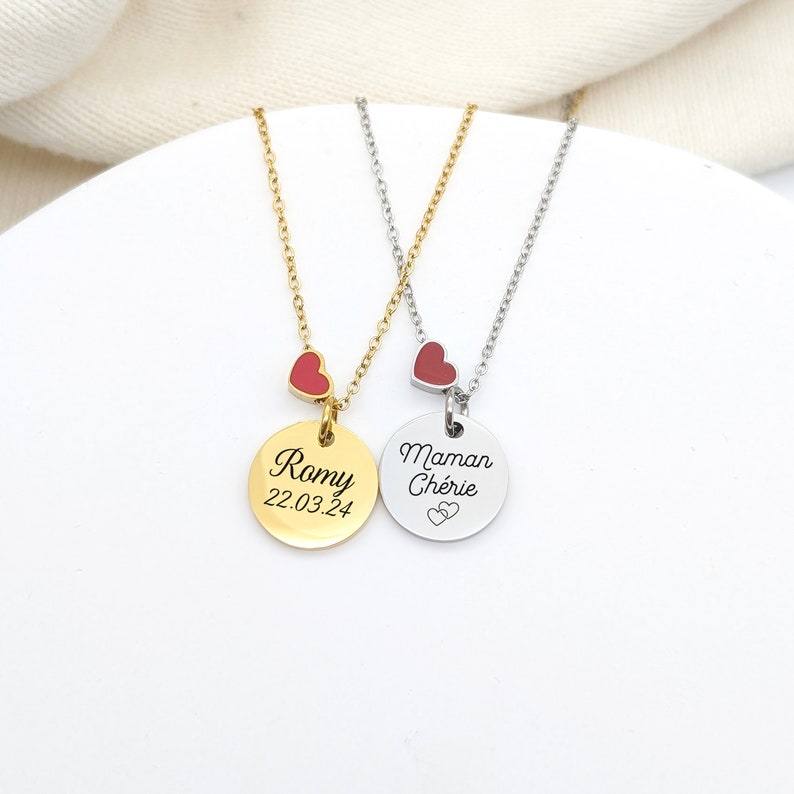 Personalized steel necklace with enameled red heart Necklace for Mom, Grandma, Godmother, Birth Gift, Mother's Day Gift image 2