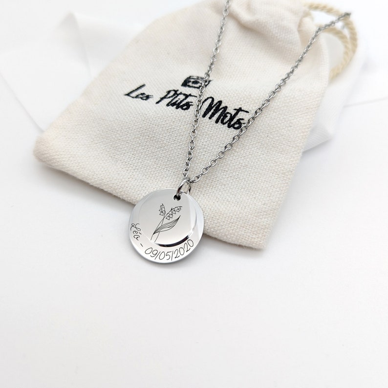 Collier Personnalisé acier inoxydable avec fleur de naissance Bijou personnalisé femme, Bijou Marraine, Cadeau naissance, Fête des mères Argent