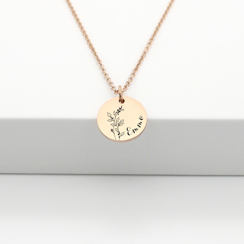 Personalized necklace with birth flower and first name engraving, Mom gift, godmother, Birth gift, Mother's Day gift Rose gold