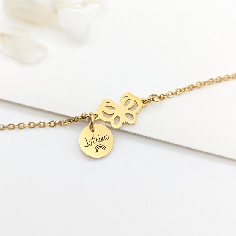 Butterfly children's bracelet and medal to engrave Personalized children's bracelet, Birth gift, Baptism gift, Future big sister gift Gold