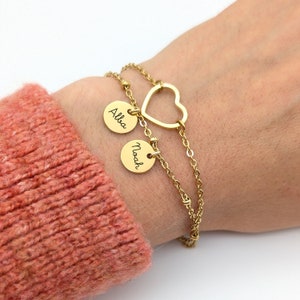 Personalized heart bracelet and medals to engrave • Mom gift, Name bracelet, Godmother gift, Birth gift, Mother&#39;s Day jewelry