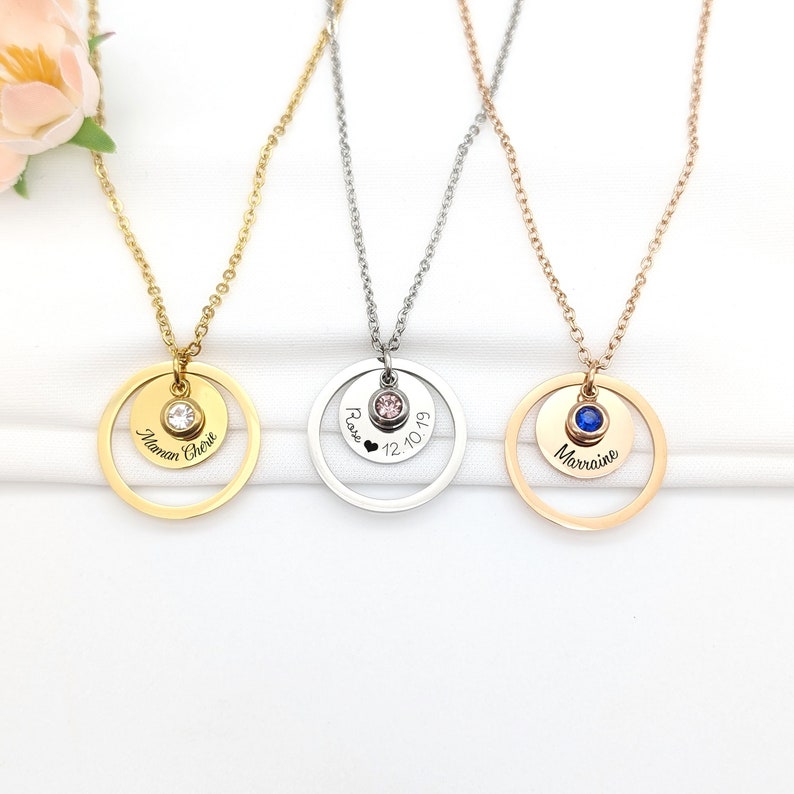 Collier personnalisé en acier inoxydable avec médaille, cercle et pierre de naissance