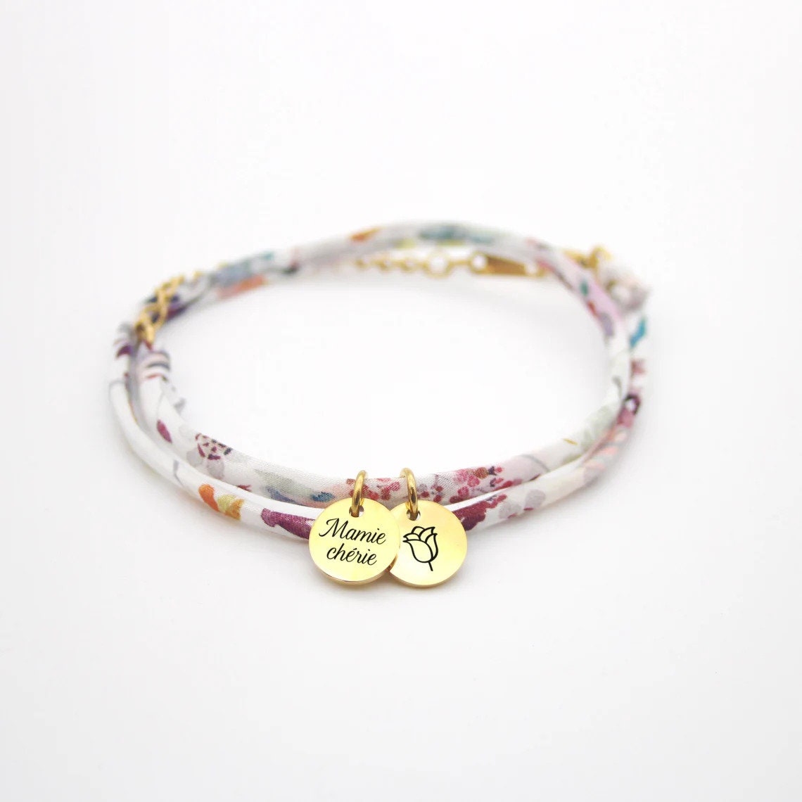 Personalized bracelet, 2-turn liberty cord with engraved medals and charm, Gift for Mom, Grandma, Godmother, Birth jewelry, Christmas gift