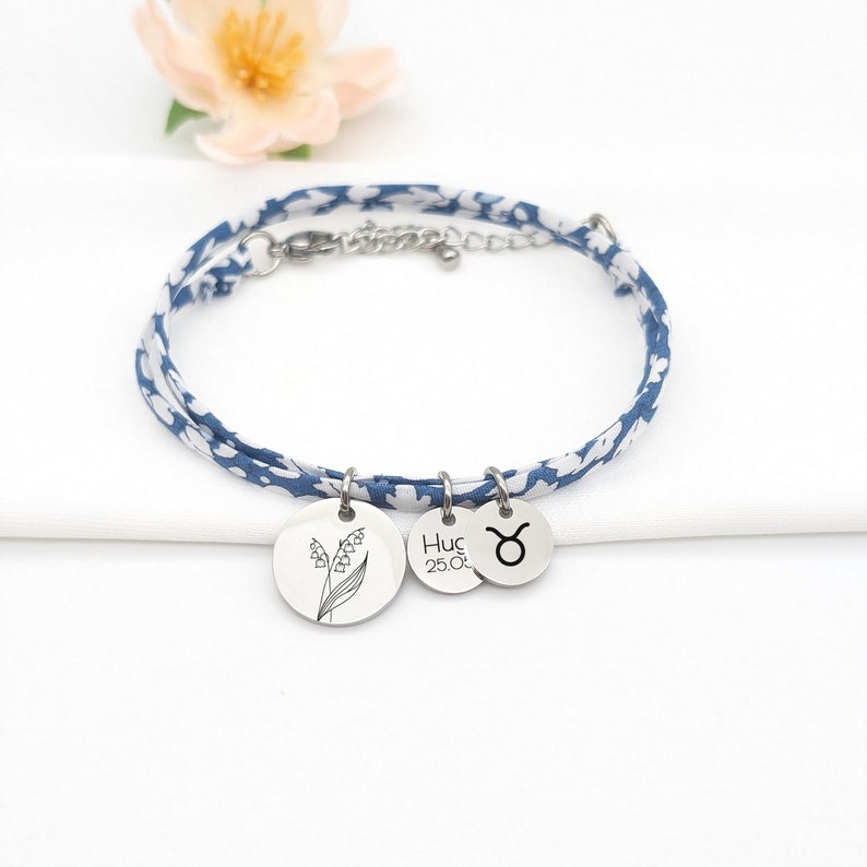 Bracelet Liberty Personnalisé avec fleur de naissance et prénom Cadeau Maman, Marraine, Mamie, Cadeau naissance, Cadeau Fête des mères Argent