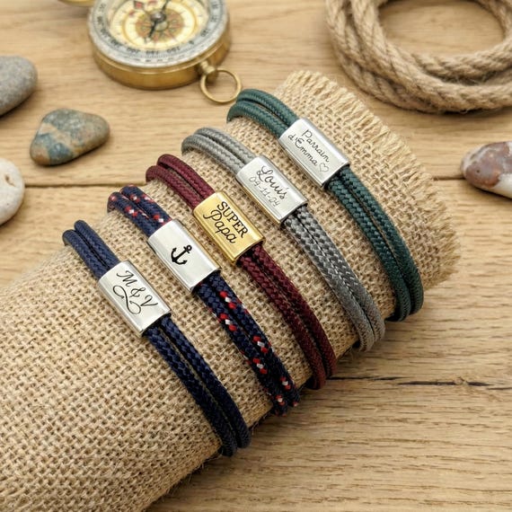 Bracelet Cordon Personnalisé Homme avec Médaille gravée Acier Inoxydable - Cadeau noël Homme, Bracelet Papa, Parrain, Cadeau saint valentin
