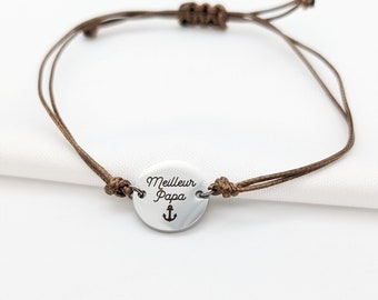 Personalized Men's Cord Bracelet with Round Stainless Steel Medal - Christmas Gift for Men, Dad Bracelet, Godfather, Witness Gift