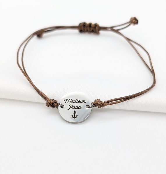 Bracelet Cordon Personnalisé Homme avec Médaille ronde en Acier Inoxydable - Cadeau Noël Pour Homme, Bracelet Papa, Parrain, Cadeau Témoin