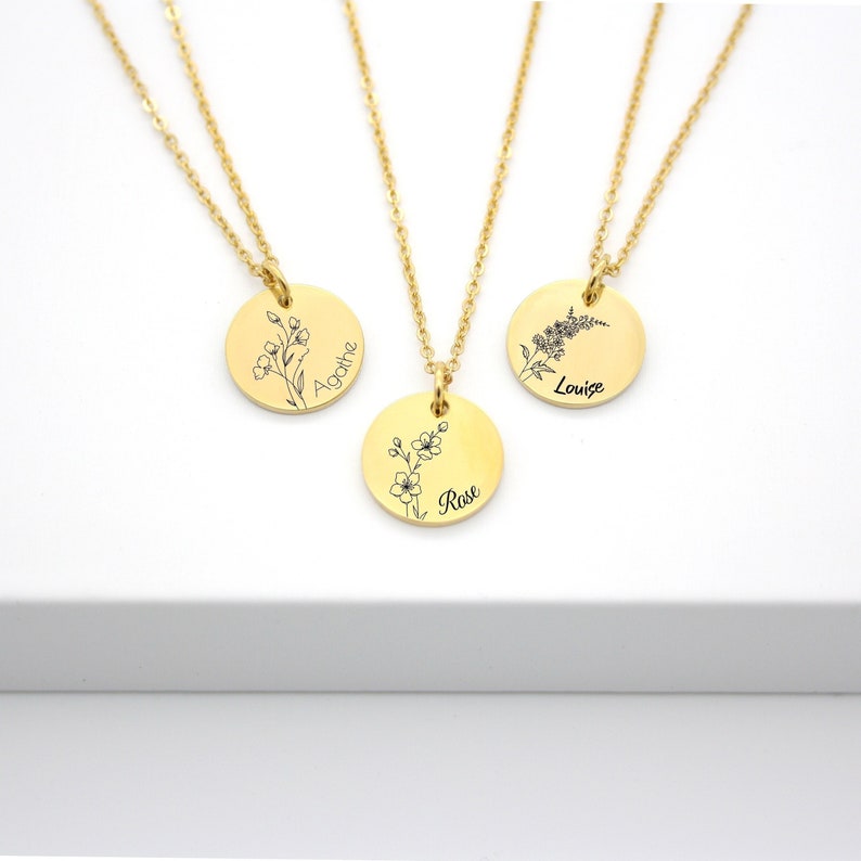 Personalized necklace with birth flower and first name engraving, Mom gift, godmother, Birth gift, Mother's Day gift Gold