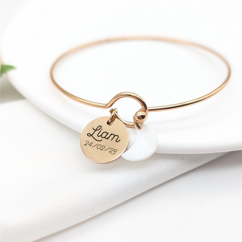 Bangle bracelet with round medal and mother-of-pearl, Personalized jewelry, Mom bracelet, Godmother, Nanny, Birth gift, Mother's Day gift image 2