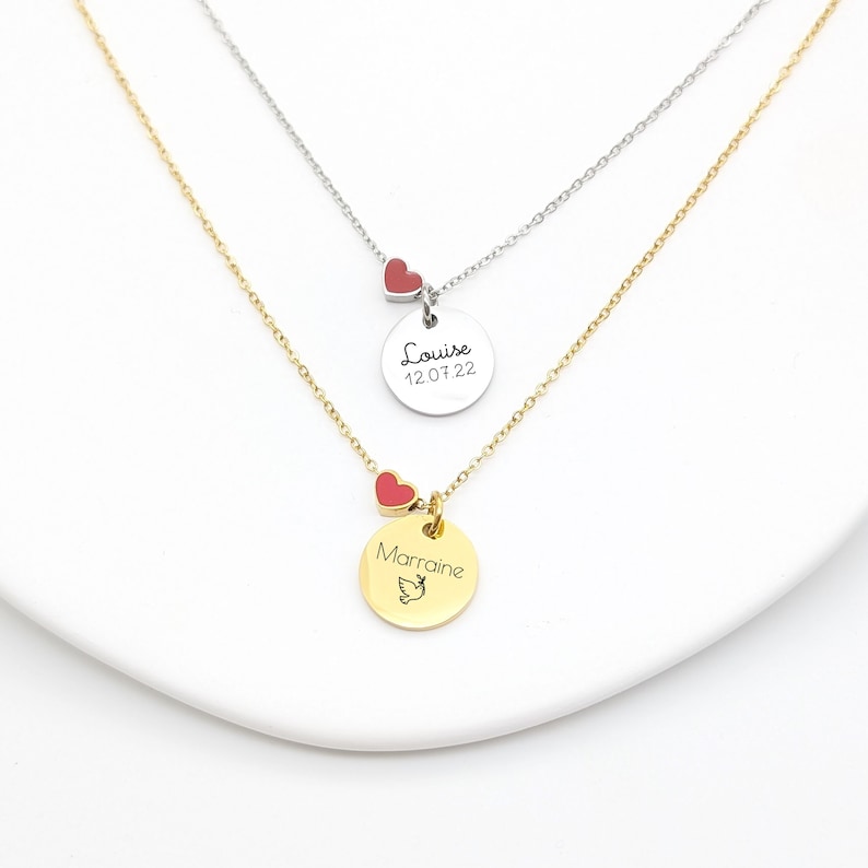 Personalized steel necklace with enameled red heart Necklace for Mom, Grandma, Godmother, Birth Gift, Mother's Day Gift image 1