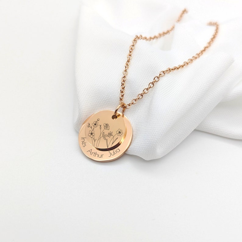 Personalized stainless steel necklace with birth flower Personalized women's jewelry, Godmother jewelry, Birth gift, Mother's Day Rose gold