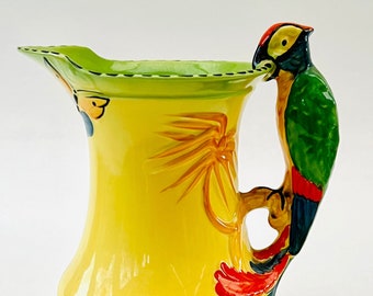 Burleigh Ware 1930s Green and Blue Parrot Handled Yellow Jug