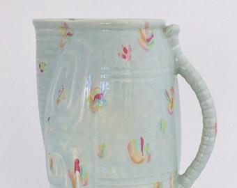 Beswick Duck Egg Blue Lustre Jug with relief pattern and multi coloured painted decoration 1940s Shape 652