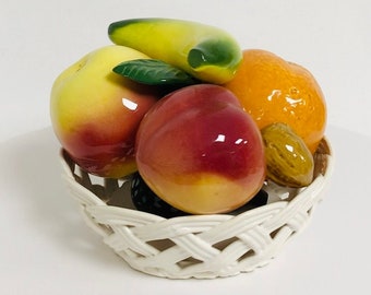 Italian Majolica Hand Made Fruit Basket with life size Peach, Apple, Orange, Banana, Figs and Walnut 1950s