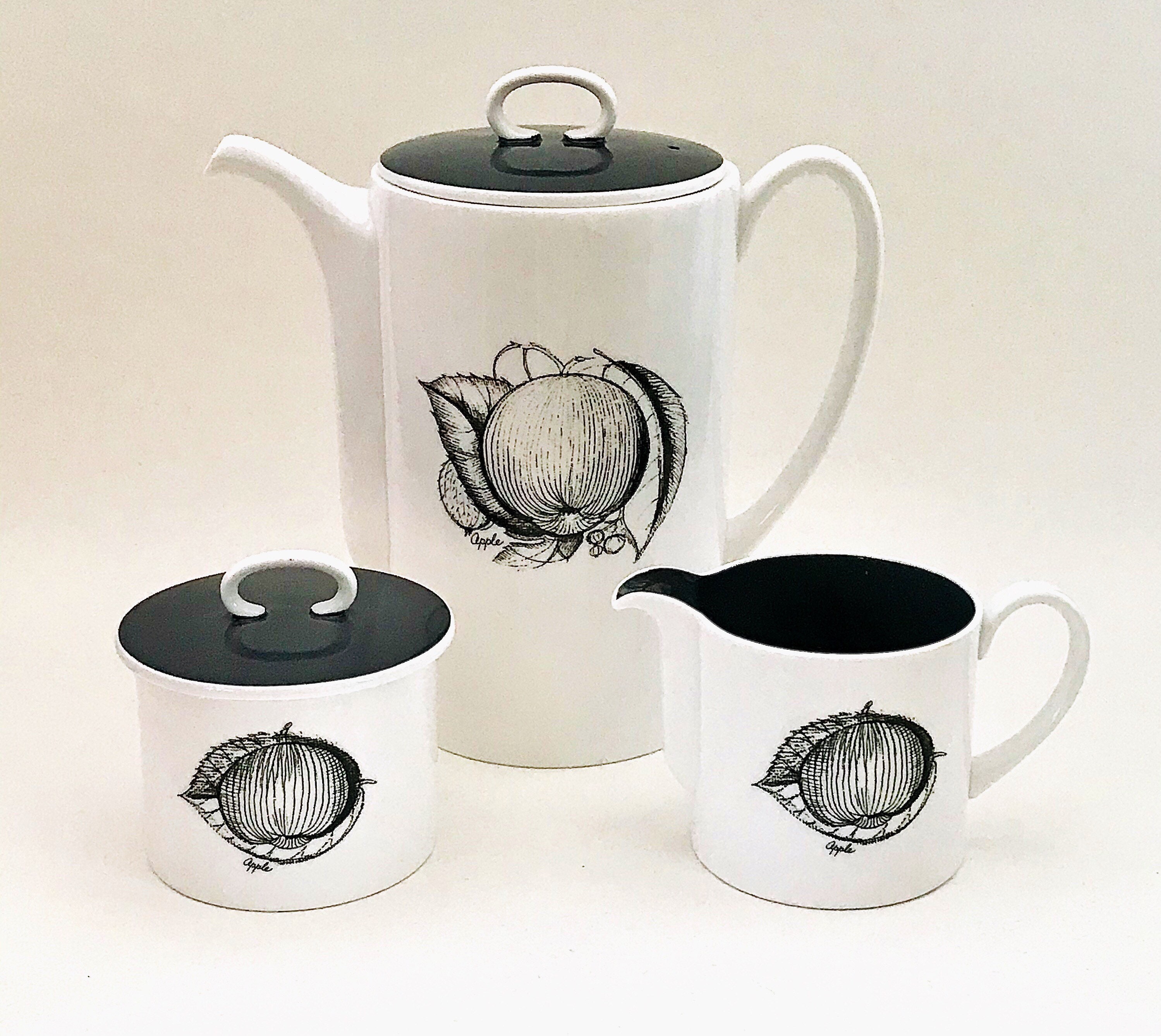 Susie Cooper Black Fruit Coffee Set: Bone China Coffee Pot, Sugar 