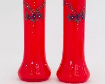 Pair of Bohemian Red Tango Glass Vases: Hand-Enamelled Silver Topped 1920s