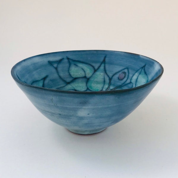 Tessa Fuchs | English Studio Pottery Bowl | Aqua Butterflies and Flowers |