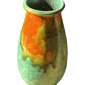 Crown Ducal 1930s Art Pottery Green and Orange Drip Glaze Vase shape 131