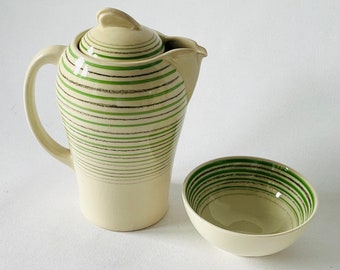 Susie Cooper Kestrel shape | Green and Black Crayon Line | Hot Water Pot and Sugar Bowl 1930s