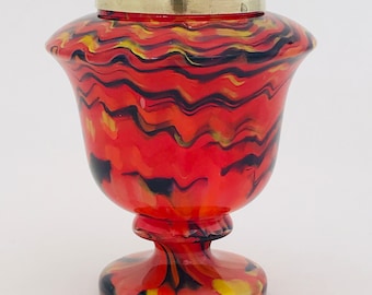 Bohemian Orange Glass Urn with brass mesh Czech Neid 1920s