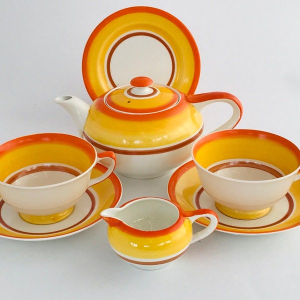 Gray's Pottery No. 9180 | 1930 Orange Banded Breakfast Tea Set | Susie Cooper Era