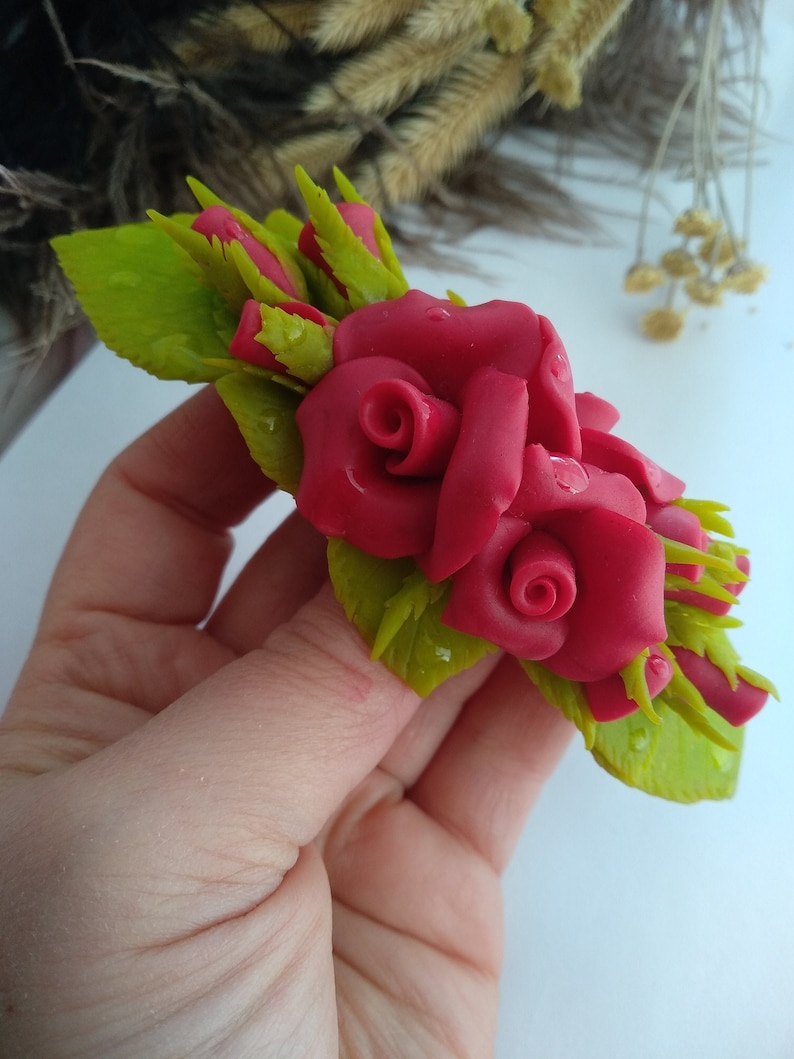 Jewelry Hair accessory Delicate flowers.Red roses. Polymer clay Automatic hairpin