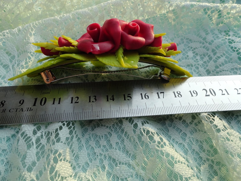 Jewelry Hair accessory Delicate flowers.Red roses. Polymer clay Automatic hairpin