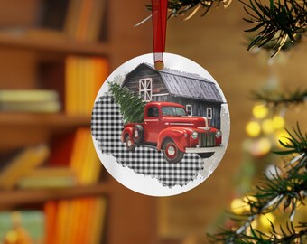 Vintage Charm in Metal: Red Truck Hauling Christmas Tree Ornament