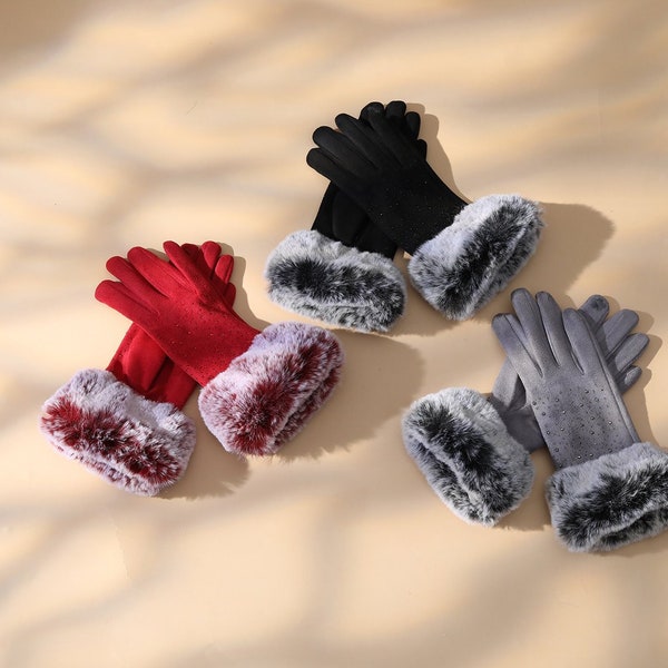 Natalie Mills Audrey Gloves.  Winter Gloves.  Rhinestone Gloves.  Faux Fur Gloves.