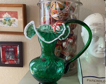 Arte Murano Green with White Swirl edge Art Glass Pitcher 12.25 In