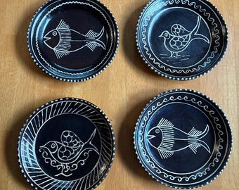Set #2 • Folk Art Bernardo Saldizar Michoacan Tzintzun Fish and Bird Plates • set of 4 • 8.5 in width