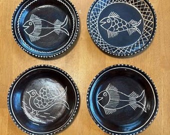 Folk Art Bernardo Saldizar Michoacan Tzintzun Fish and Bird Plates • set of 4 • 8.5 in width