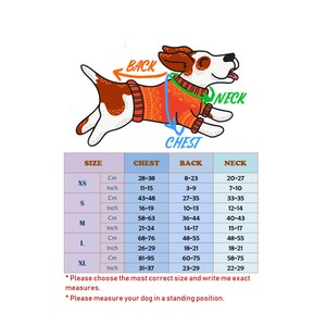May include: A chart with a cartoon dog wearing a red and white sweater. The chart shows size recommendations for dog sweaters in inches and centimeters. The measurements include chest, back, and neck.