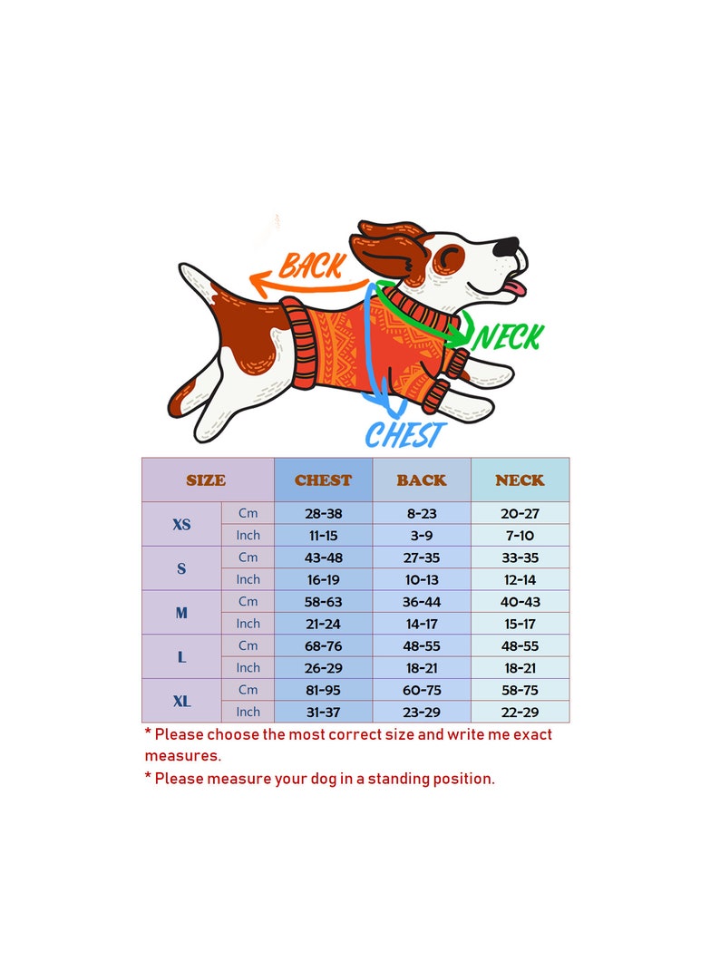May include: A chart with a cartoon dog wearing a red and white sweater. The chart shows size recommendations for dog sweaters in inches and centimeters. The measurements include chest, back, and neck.