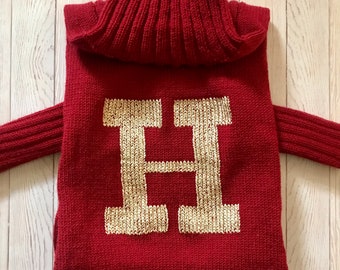 Weasley Inspired Sweater for Dogs, Hogwarts Sweater, Personalization Dog Sweater With Golden Letter, Knitted Dog Jumper, Custom Dog Sweater