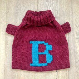 May include: A maroon knitted turtleneck sweater for a pet, featuring a large blue embroidered letter "E" on the front.