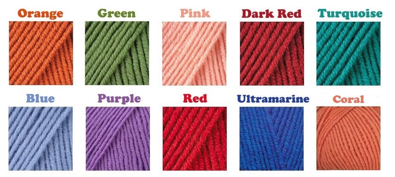 May include: A collection of yarn skeins in various colors, including orange, green, pink, dark red, turquoise, blue, purple, red, ultramarine, and coral.