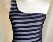 Perry Ellis One Strap One piece Striped Swimsuit with black mesh material cinched at top half. Sz Small-Medium