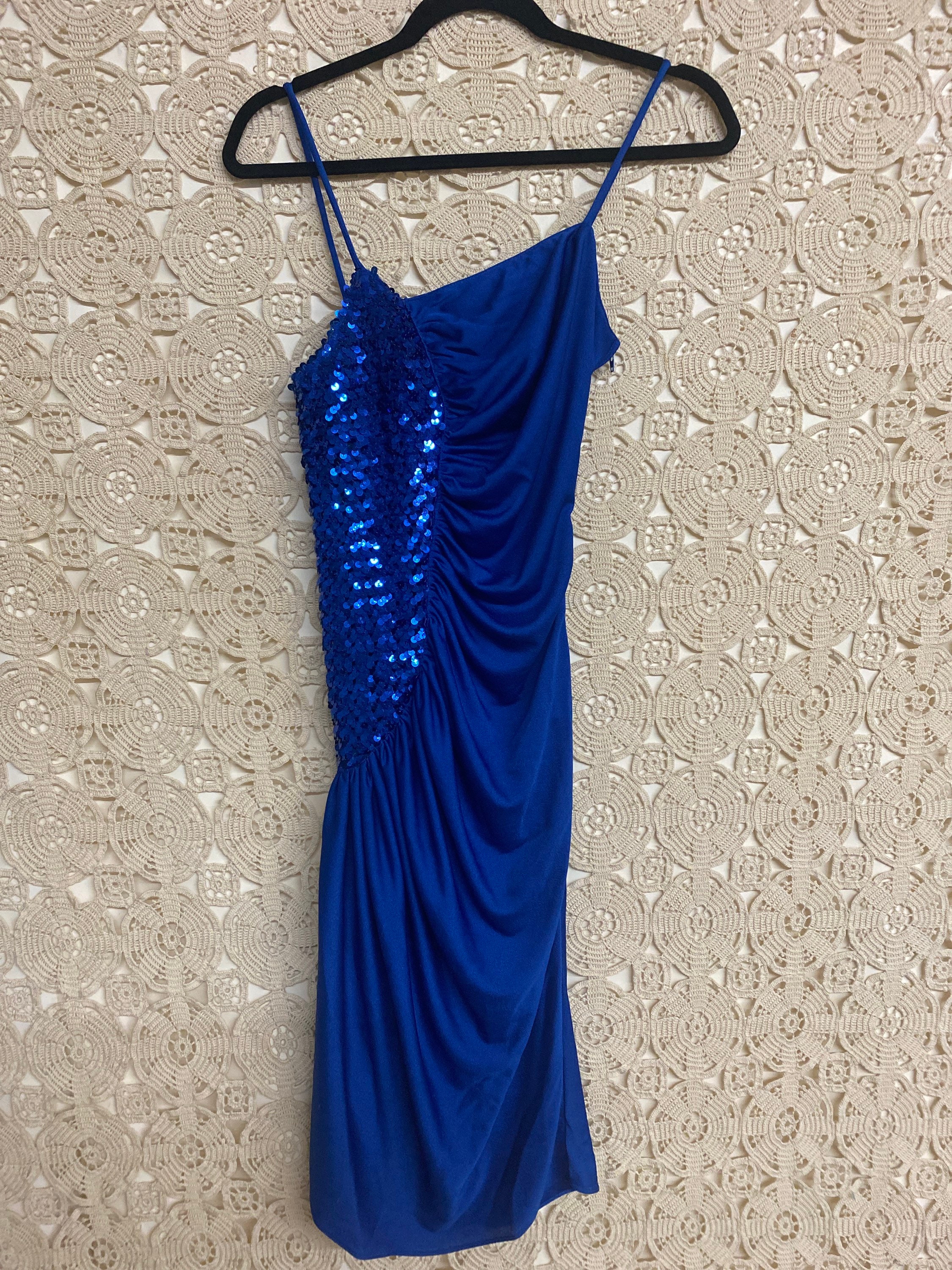 Vtg 70s Royal Blue Ruched and Sequined Midi Party Dress by New - Etsy
