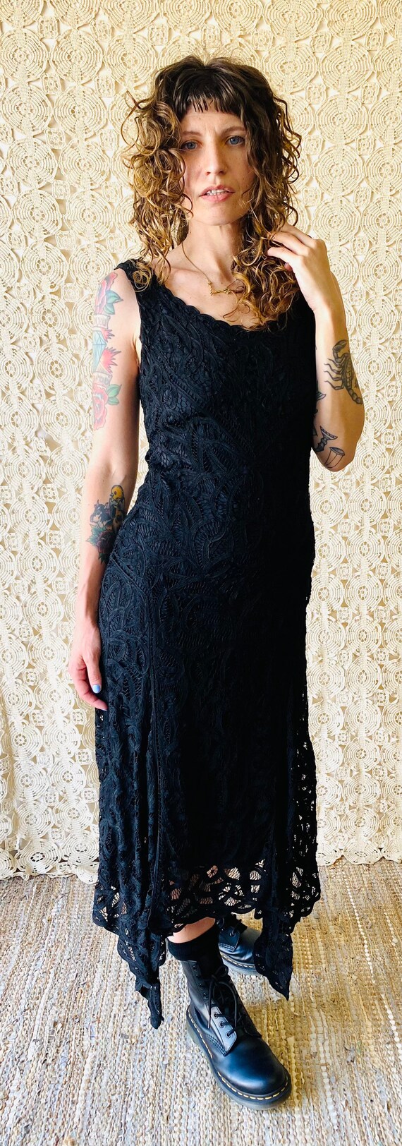 90s Sue Wong Black Guipure Lace Dress 