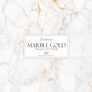 May include: White marble texture with gold veining. A rectangular sign with the words "Textures MARBLE GOLD" is centered, with details about the textures. The background is a seamless pattern of white and gold.
