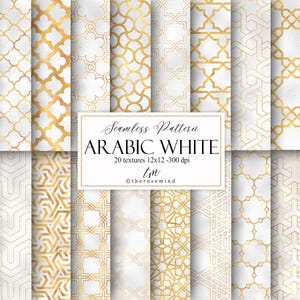 Può includere: Una collezione di venti motivi arabi senza cuciture in bianco e oro. I motivi presentano disegni geometrici e floreali. L'immagine include il testo "Seamless Pattern ARABIC WHITE".