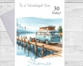 May include: A birthday card with a blue and white camper van illustration. The card says "To a Wonderful Son 30 Today!" and "Thomas".