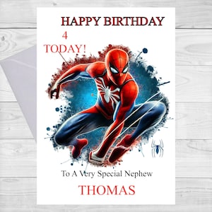 May include: A birthday card featuring a cartoon image of Spiderman in a red and blue suit, with the text "Happy Birthday 4 Today! To A Very Special Nephew THOMAS".