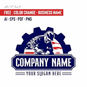 May include: A logo featuring a silhouette of a worker in a helmet, set against a gear and an American flag design. The logo includes the text "COMPANY NAME" and "YOUR SLOGAN HERE". The text "FREE: COLOR CHANGE - BUSINESS NAME" is also present.