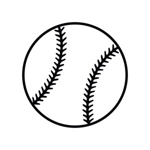 May include: A black and white line drawing of a baseball with stitching.