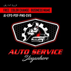 Pode incluir: Logotipo de serviço automotivo em preto e branco com um mecânico soldando um carro. O logotipo inclui o texto "AUTO SERVICE" em vermelho e "Sloganhere" em branco. A parte superior do logotipo tem o texto "FREE: COLOR CHANGE - BUSINESS NAME" em vermelho.